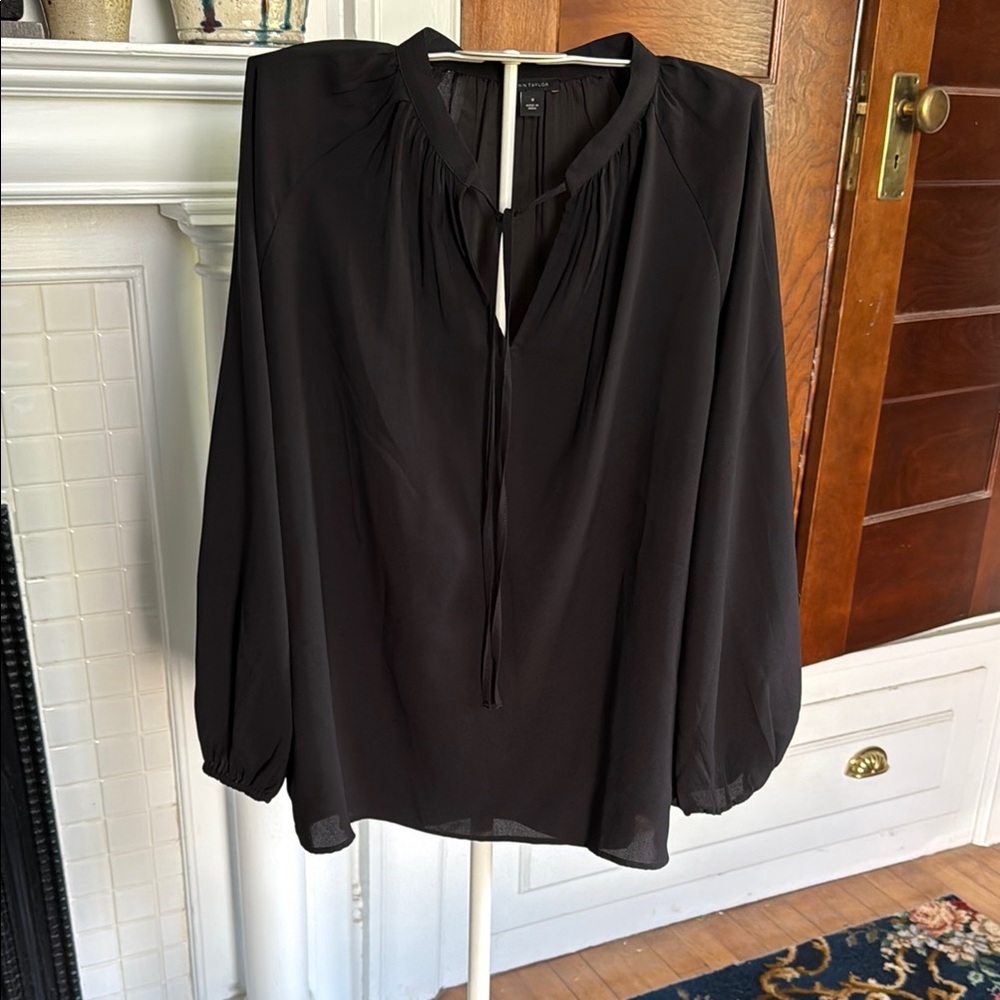 Ann Taylor Black Blouse with Balloon Sleeves and Tie Front-‎ worn about 3x